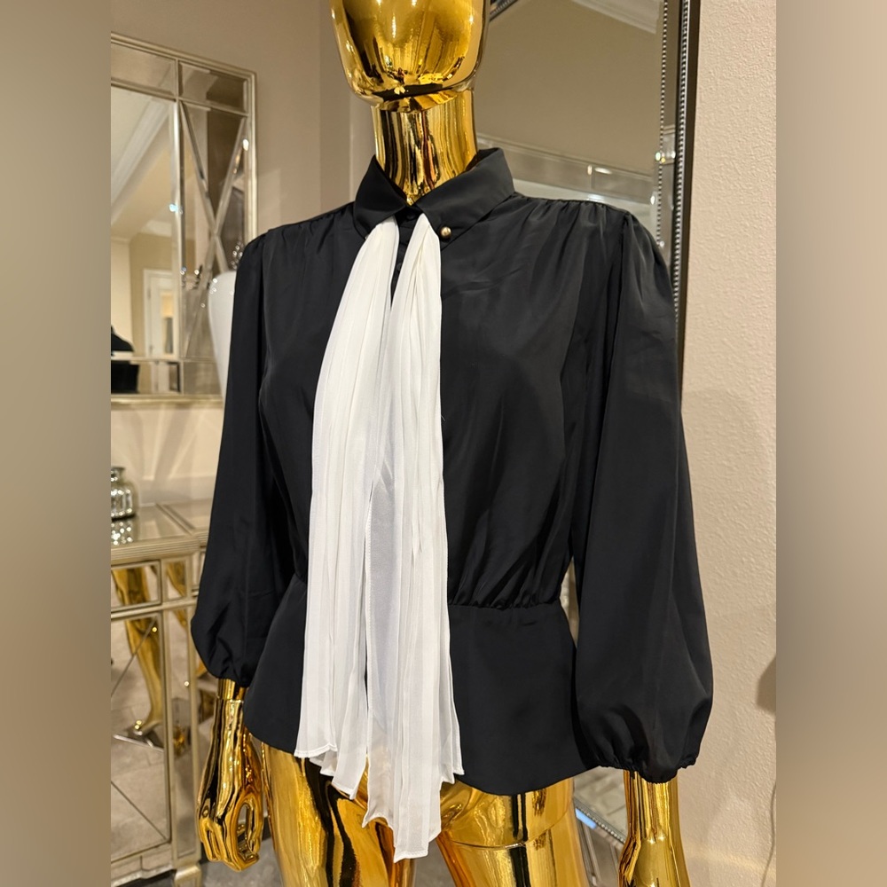 New York & Company Black Blouse with White Tie Detail